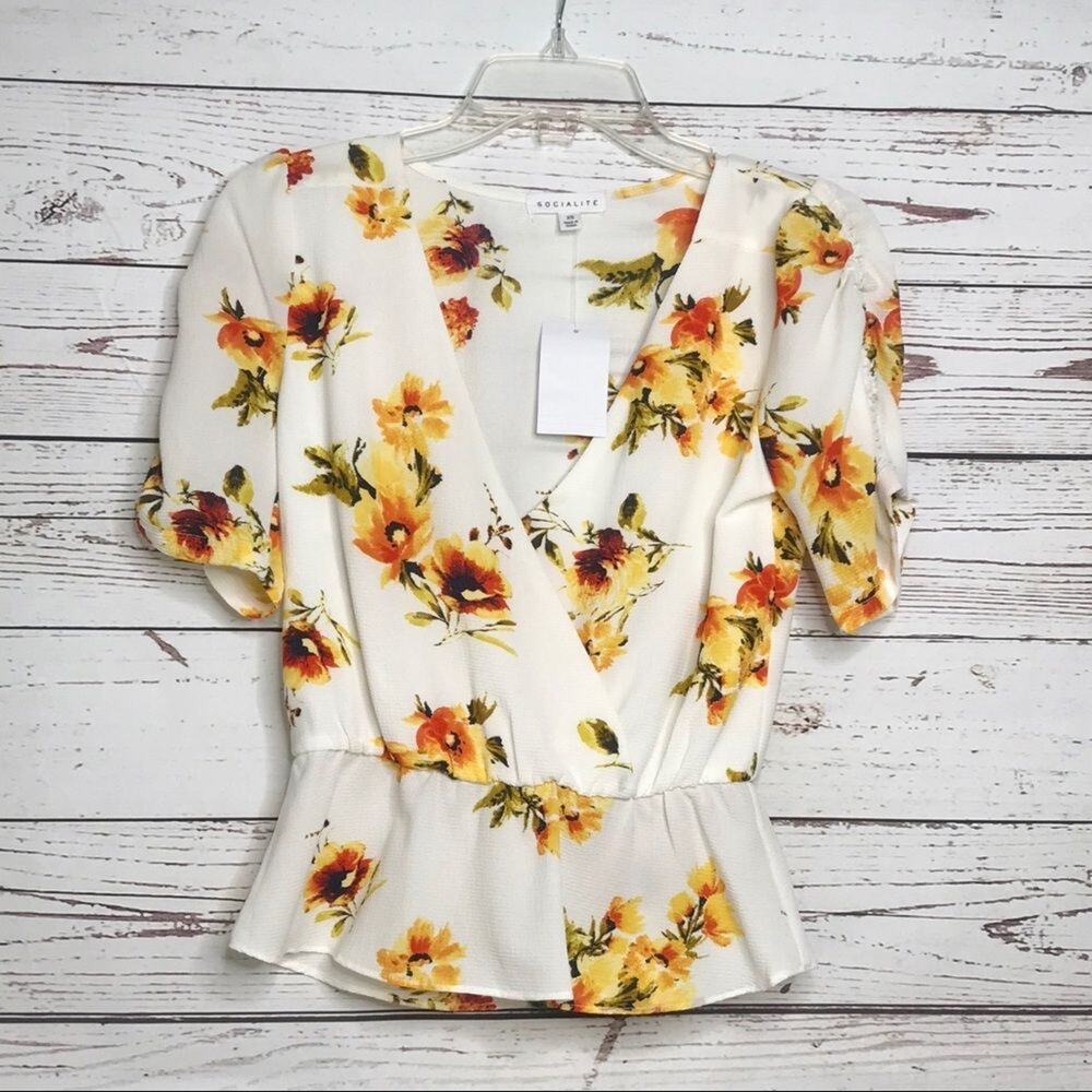 Socialite Floral Print Faux Wrap Top Ivory Small